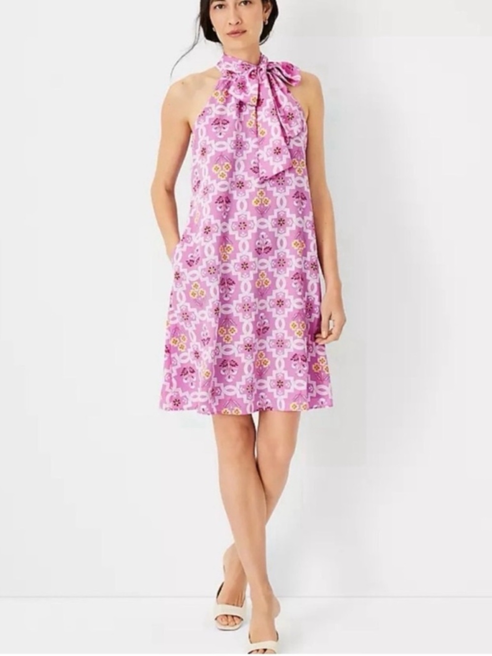 Ann Taylor Pink Floral Tie-Neck Halter Camisole Dress